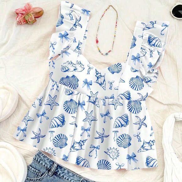 Boho Women's Casual Vacation Style Shell & Ocean print top - Picture 3 of 7